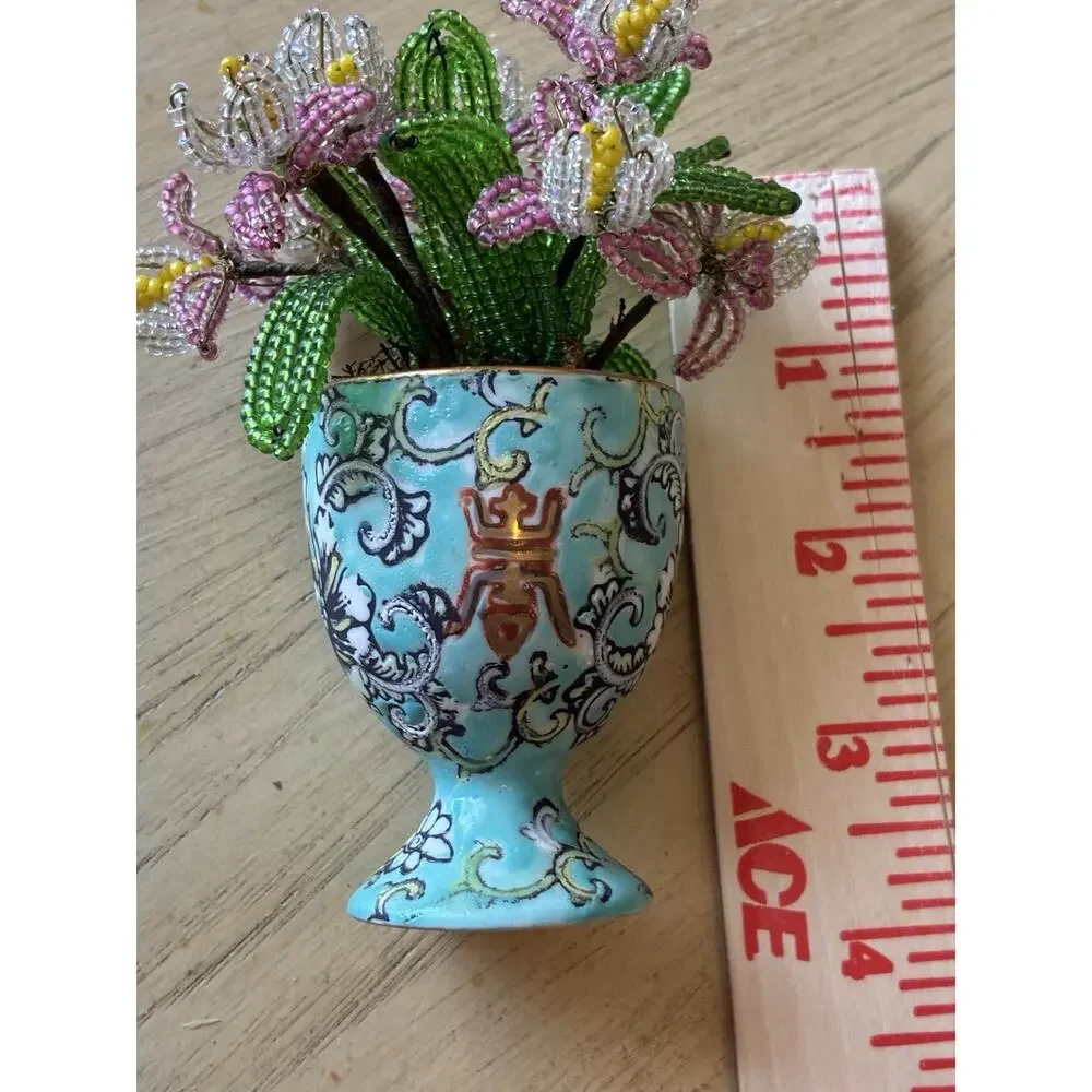 Vintage Handmade French Seed Beaded Flower Floral Bouquet Asian longevity Cup